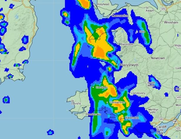 A met office weather map show areas affected by rainfall on  4pm on Wednesday
