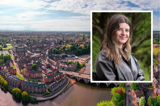 aerial picture taken by a drone showing a large part of Shrewsbury including the castle, the churches and river Severn. It was taken on a warm day of spring, just some clouds above the town. Inset is a picture of reporter Bethany Gavaghan
