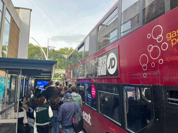 A view of buses and bus stop queues on Union Street on Day 1 of a four-day bus strike by drivers at two depots in Bristol
