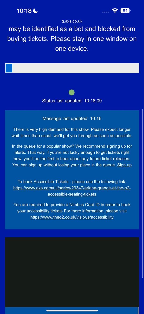 Update shared in the AXS queue for Ariana Grande tickets
