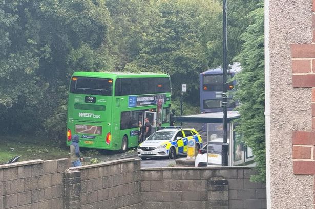 The number 36 West Bus bus after crashing into a lamppost on Alison Road, Brislington