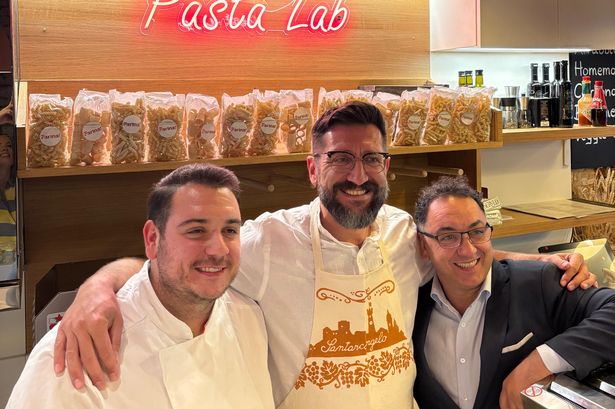 Antonio Cillo (left) and Donato Cillo (right) with Italian pasta maestro Giacomo, who visited from Santarcangelo di Romagna.