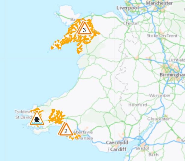 A map of Wales showing areas affected by flood alerts