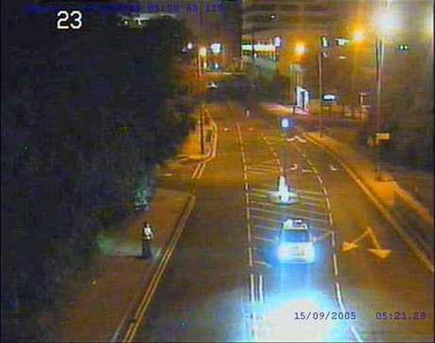 CCTV of Miss Foy at 5.21am on Thursday September 15, 2005. A passing police patrol on Paddington shines a light on her as she walks alone. Soon after, she was murdered.