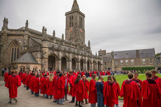 St Andrews students wearing their distinctive red academic gowns