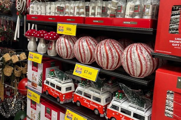 Candy cane coloured items on the shelves at Home Bargains 