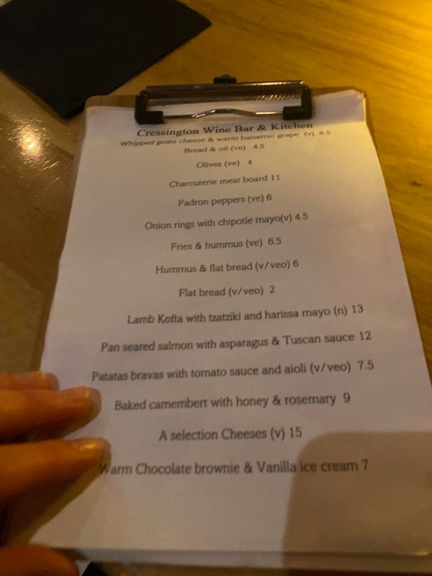 The menu featured baked camembert, fries and hummus and seared salmon 