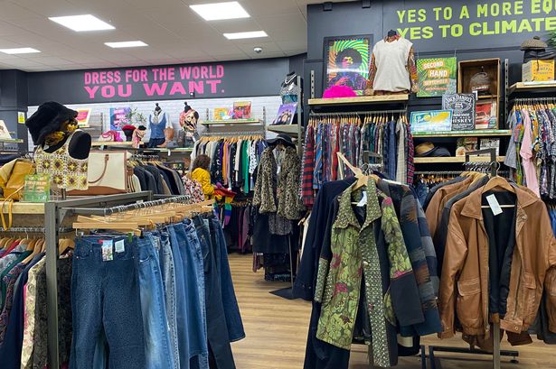 Jeans, leather jackets and retro shirts in Bold Street Oxfam 