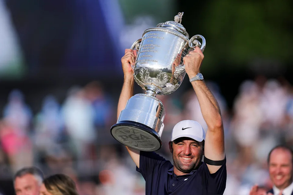 Scottie Scheffler of the United States celebrates with the Wanamaker Trophy after winning the 2025 PGA Championship at Quail Hollow Country Club on May 18, 2025 in Charlotte, North Carolina.