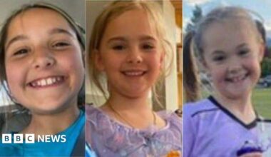 A composite image showing thethree young girls - Paityn, Evelyn and Olivia - smiling