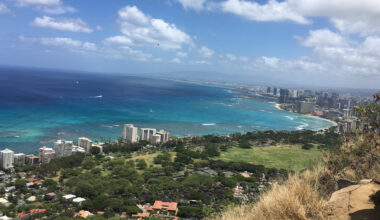 A panoramic view from a high vantage point overlooking Honolulu. The turquoise Pacific Ocean stretches to the horizon, meeting the city skyline and Waikiki beach. A large green park and lush trees sit between the coast and the foreground hillside.