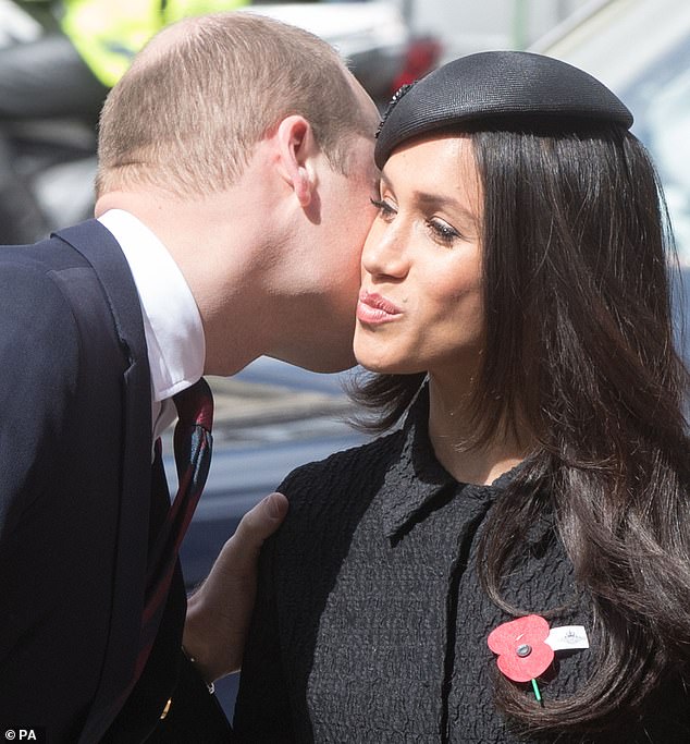 Prince William kisses Meghan on the cheek in April 2018. Her hugging and kissing of William fuelled gossip among royal staff that the duchess was flirting with him