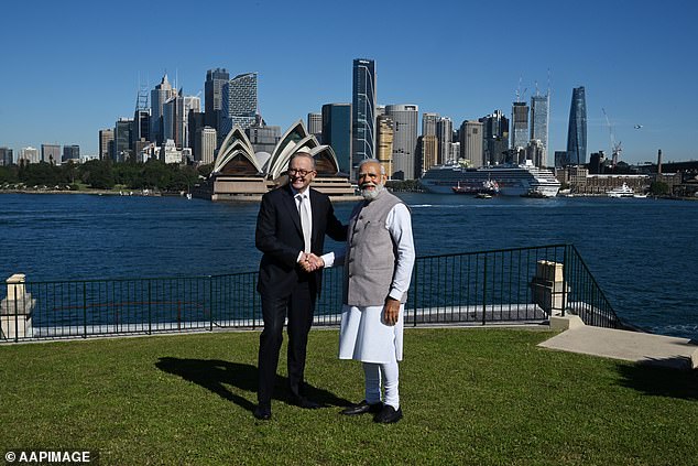 India's Prime Minister Narendra Modi (right) with Anthony Albanese in 2023