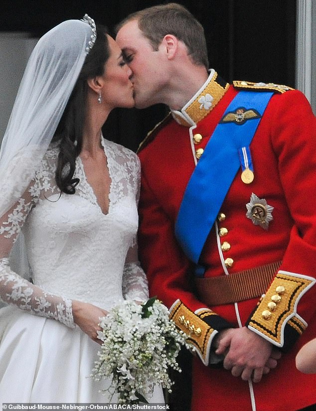 William and Kate kiss on  the balcony of  Buckingham Palace. 'In his best man's toast, Harry apologised to Kate "for having to marry a bald man," delivered spot-on impressions of William