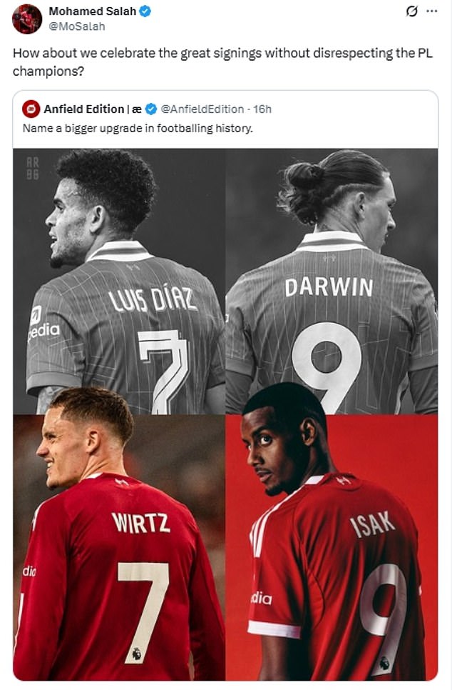 The star's post responded a post shared by a major Liverpool fan account on Wednesday