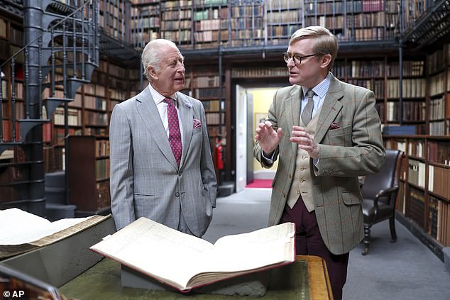 He received a tour of the religious building, including its library (pictured), where he viewed historic religious texts