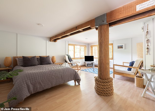 Despite not being owned by the Titanic star anymore, the property still boasts a nautical feel with heavy-duty rope wrapped around the bottom of a pillar in one of the bedrooms