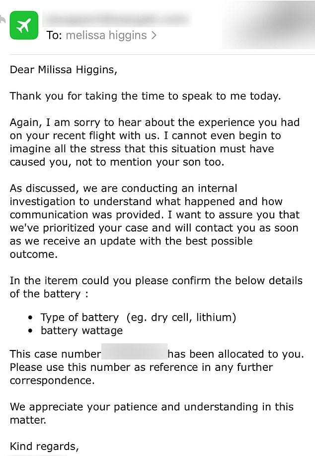 Ms Higgins has received an apology from the airline but is hoping for the £1,000 battery to be returned