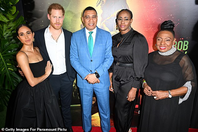 (l-r) Meghan, Duchess of Sussex, Prince Harry, Duke of Sussex, Andrew Holness, Juliet Holness and Olivia Grange attend the Premiere of 'Bob Marley: One Love' at the Carib 5 Theatre on January 23, 2024 in Kingston, Jamaica