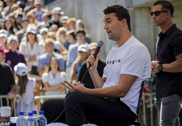 Kirk is pictured speaking to students in Utah moments before he was shot in the neck