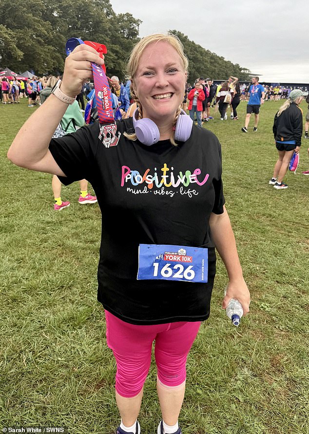 Sarah White, 37, from York, was 22st when she first began injecting herself with Mounjaro in September 2024 (pictured after weight loss)