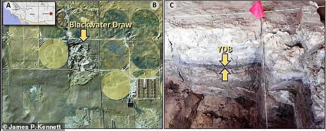 Blackwater Draw is a Clovis-type site where the first Clovis artifacts were found just below a 12,800-year-old black mat, marking the onset of the Younger Dryas and the end of the Clovis technocomplex