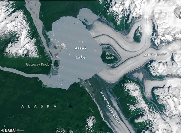 Between 1984 (pictured) and 2025, the Alsek Glacier has rapidly retreated eastward, covering less and less of the nearby lake