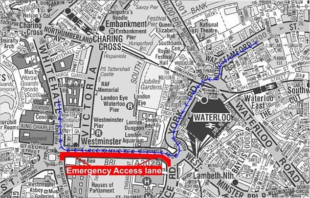 Demonstrators from Unite the Kingdom have been told they must follow the agreed route above and cannot enter the 'emergency access lane' on Westminster Bridge to ensure there will be a path for emergency vehicles such as ambulances