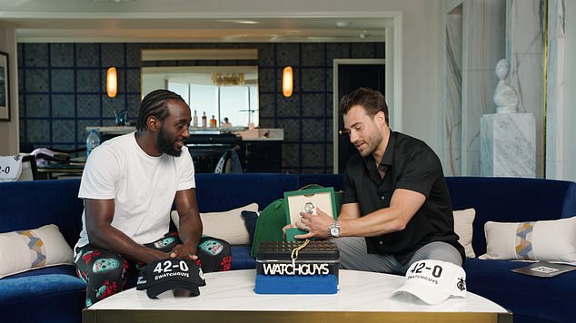The undefeated star, who will arrive at Allegiant Stadium with a perfect 41-0 record, received the audacious timepiece from luxury retailer WatchGuys.com