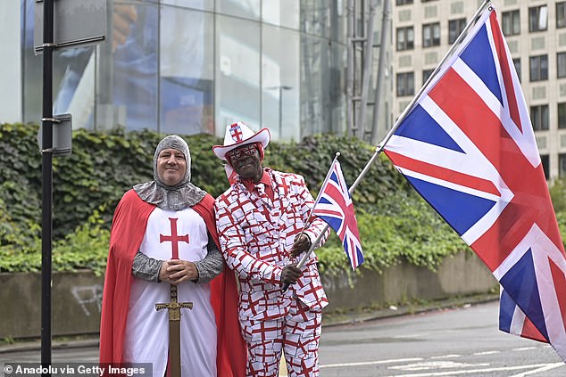 Some of those at the protest dressed up in novelty clothing or fancy dress as English soldiers