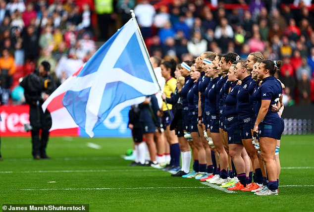 Scotland players line up for the national anthem before the match at Ashton Gate