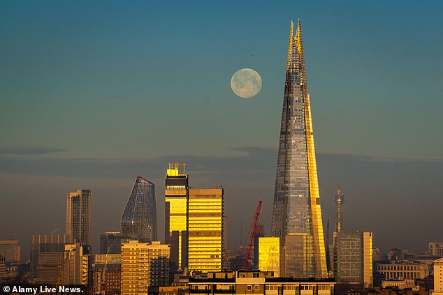 The moon is getting 1.5 inches further away from our planet every year, an expert revealed. Pictured: The moon over London in February 2023