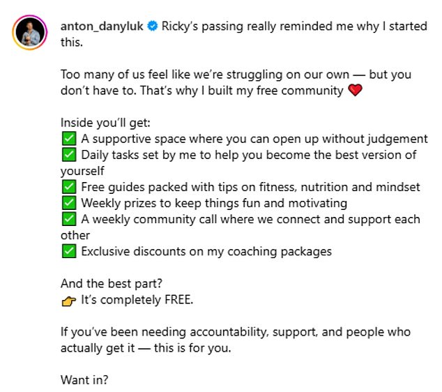 The star then went onto list key points of his services including a 'supportive space,' 'daily tasks' to help clients become 'the best version of yourself' as well as fitness tips and discounts
