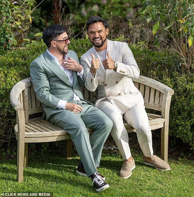 Gareth gave a thumbs up to the camera while giggling with the groom