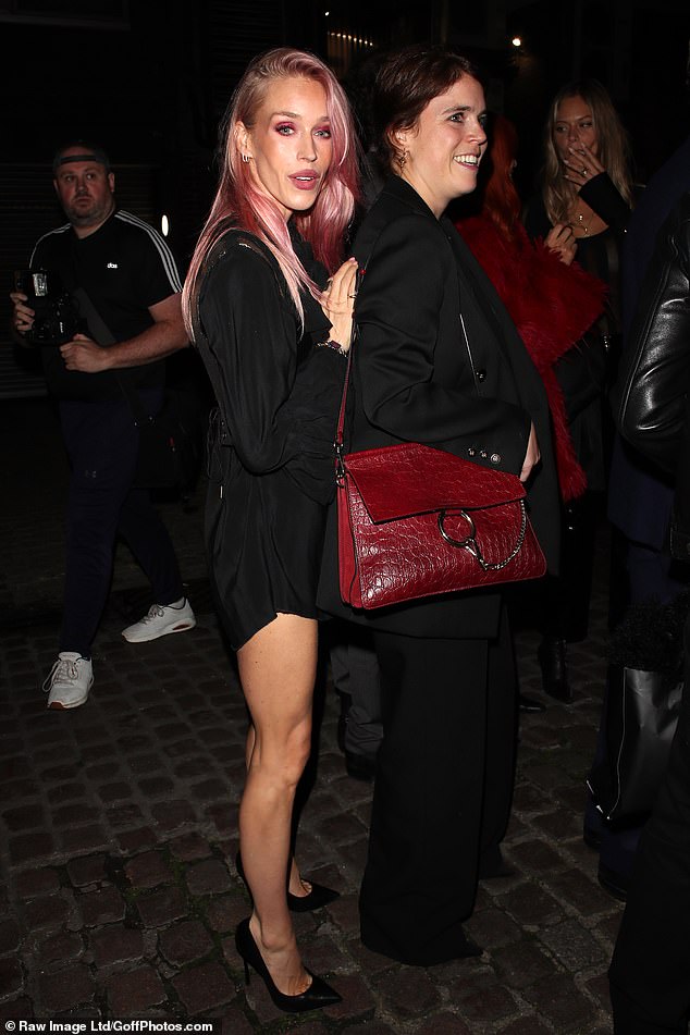 Pink-haired Lady Mary Charteris cosied up to Eugenie as they headed into the party