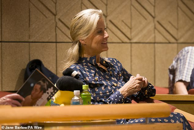 The Duchess of Edinburgh (pictured) eagerly watched on as she attended a sumo wrestling tournament with her husband, the Duke, on the first day of their visit to Japan
