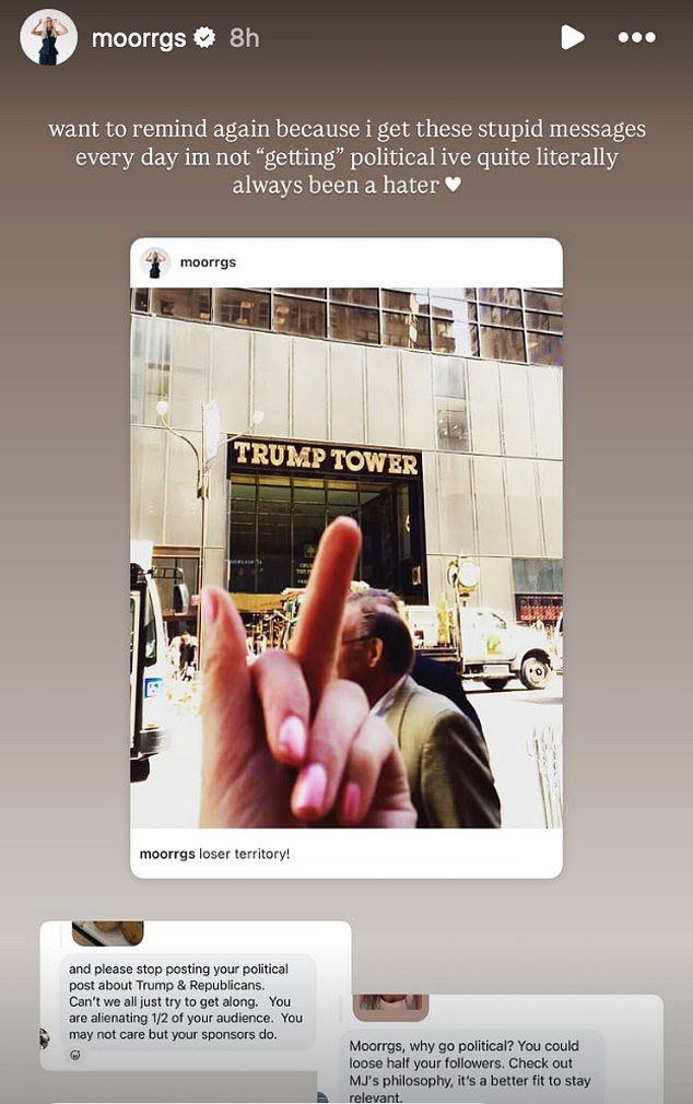 Riddle then reposted a photo from 2016 where she is giving the middle finger to Trump Tower