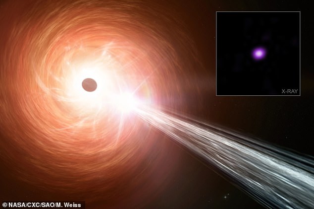 An artist’s concept of a supermassive black hole, a surrounding disk of material falling towards the black hole and a jet containing particles moving away at close to the speed of light. New Chandra observations indicate that the black hole is growing at a rate that exceeds the usual limit for black holes, called the Eddington Limit