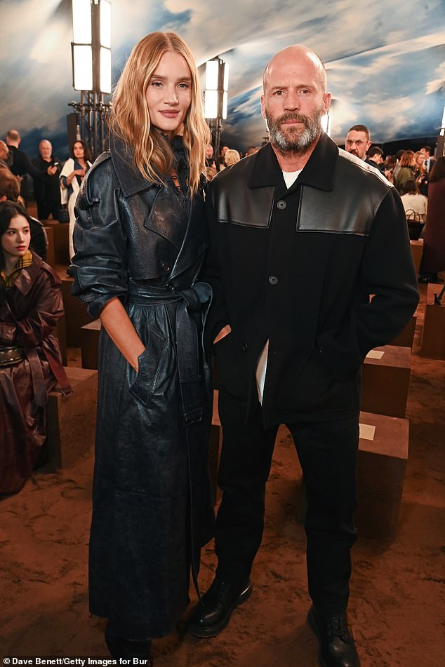 Rosie Huntington-Whiteley, 38, enjoyed a rare public outing with her fiancé actor Jason Statham, 58, as the couple attended the Burberry catwalk show in London on Monday