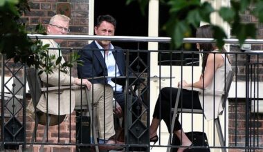 Charles and Harry's senior aides held a secret peace summit in London in July. Present were Tobyn Andreae, the King’s communications secretary (left); Meredith Maines, head of communications for the Sussexes (right); and Liam Maguire, who runs the Sussexes' PR team in the UK (centre)