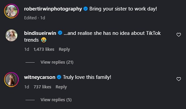 'Bring your sister to work day!' the TV star captioned the post on his account. '…and realise she has no idea about TikTok trends,' Bindi commented, hinting at an inside joke