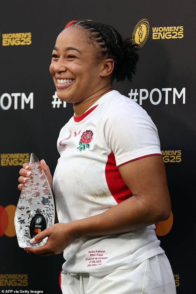 Flanker Sadia Kabeya celebrated taking home the player of the match trophy (pictured)
