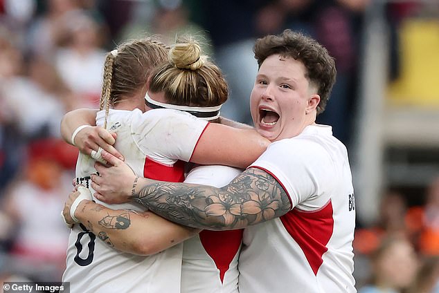 It was not all plain sailing as the ladies had a woman in the sin bin at the 51-minute mark, after Hannah Botterman (right, with teammates Alex Matthews and Megan Jones celebrating the team's win) was given a yellow card and sent off for ten minutes