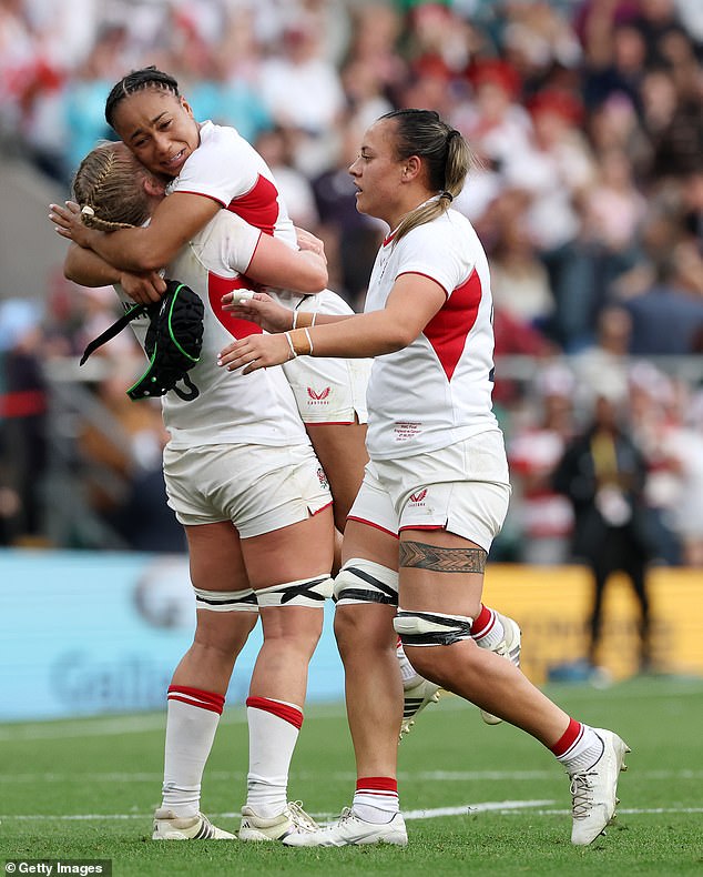 It was also the second biggest number ever for a final of either men or women. Pictured: English teammates Sadia Kabeya and Alex Matthews celebrate the team's victory