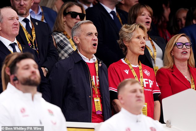 Canadian prime minister Mark Carney (pictured, with his wife Diana Fox Carney), who was at Saturday's match, took to X after the final whistle to express his admiration for his nation's team