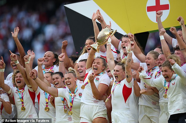 England's Zoe Aldcroft and Megan Jones lift the trophy as they celebrate with teammates after winning the final