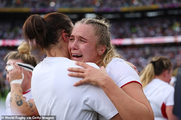 Saturday's face-off came just over ten years after the English players took on the Maple Leafs in the final in 2014, when they won by 21 points to nine. Pictured: England's Zoe Aldcroft after Saturday's victory