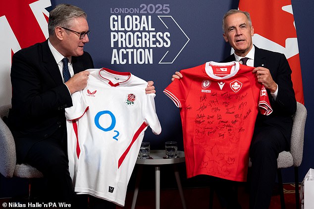 Sir Keir exchanged rugby jerseys on Friday with his Canadian counterpart Mark Carney (pictured together) as excitement for the showdown grew