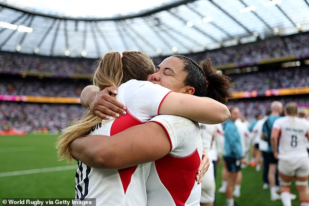 Tatyana Heard and Zoe Harrison of England celebrate following victory