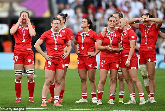 Alysha Corrigan, Julia Schell, Taylor Perry, Taylor Perry and Olivia Apps of Canada look dejected after their defeat by England